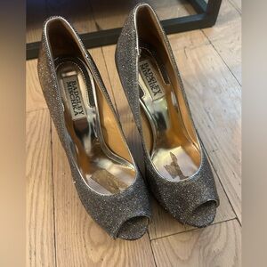 Badgley Mischka Glitter Peep Toe Heels - Silver